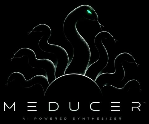 Meducer, AI powered synthesizer. Logo: a Medusa head of snakes, one with a glowing green eye.